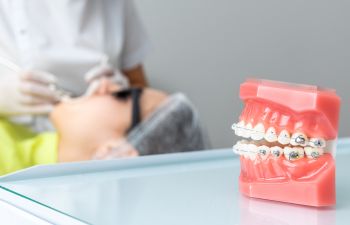A dental model with orthodontic braces on a table next to a dentist and an orthodontic patient.